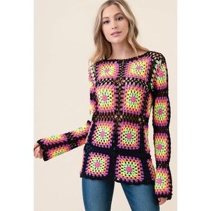 Neon rainbow black color crochet knit sweater